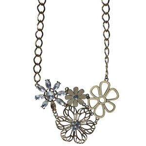 Elegant Floral Statement Necklace Rhinestone Accents Gold Tone Chain Link Design